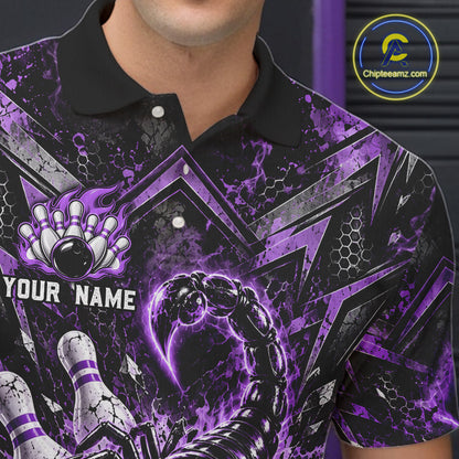 Purple Scorpion Bowling Ball Pins Polo Shirt For Men Custom Neon Team Tournament Jersey NHT1676
