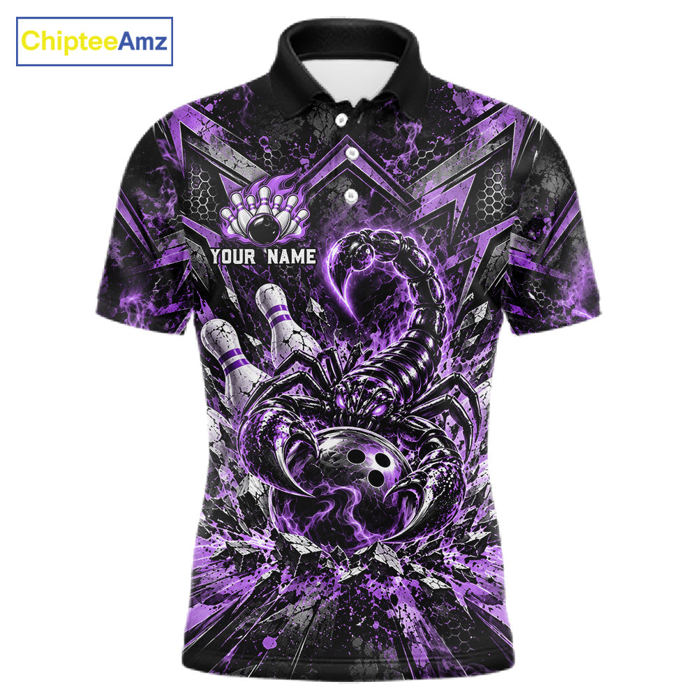 Purple Scorpion Bowling Ball Pins Polo Shirt For Men Custom Neon Team Tournament Jersey NHT1676