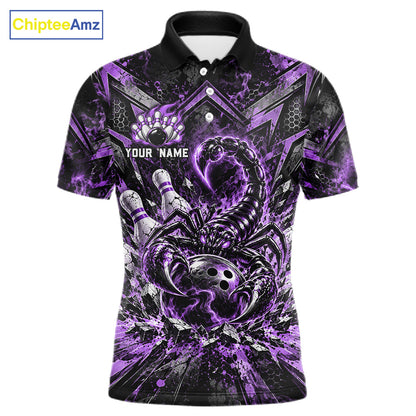 Purple Scorpion Bowling Ball Pins Polo Shirt For Men Custom Neon Team Tournament Jersey NHT1676