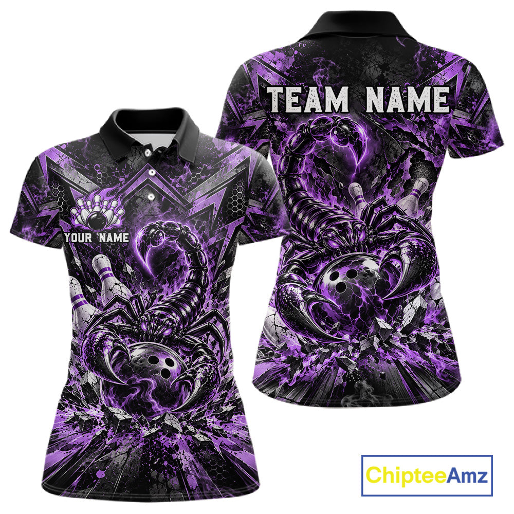 Purple Scorpion Bowling Ball Pins Polo Shirt For Women Custom Neon Team Tournament Jersey NHT1676
