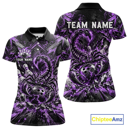 Purple Scorpion Bowling Ball Pins Polo Shirt For Women Custom Neon Team Tournament Jersey NHT1676