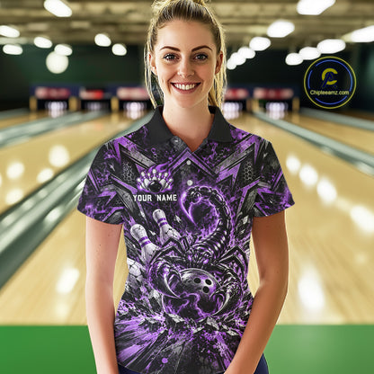Purple Scorpion Bowling Ball Pins Polo Shirt For Women Custom Neon Team Tournament Jersey NHT1676