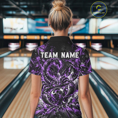 Purple Scorpion Bowling Ball Pins Polo Shirt For Women Custom Neon Team Tournament Jersey NHT1676