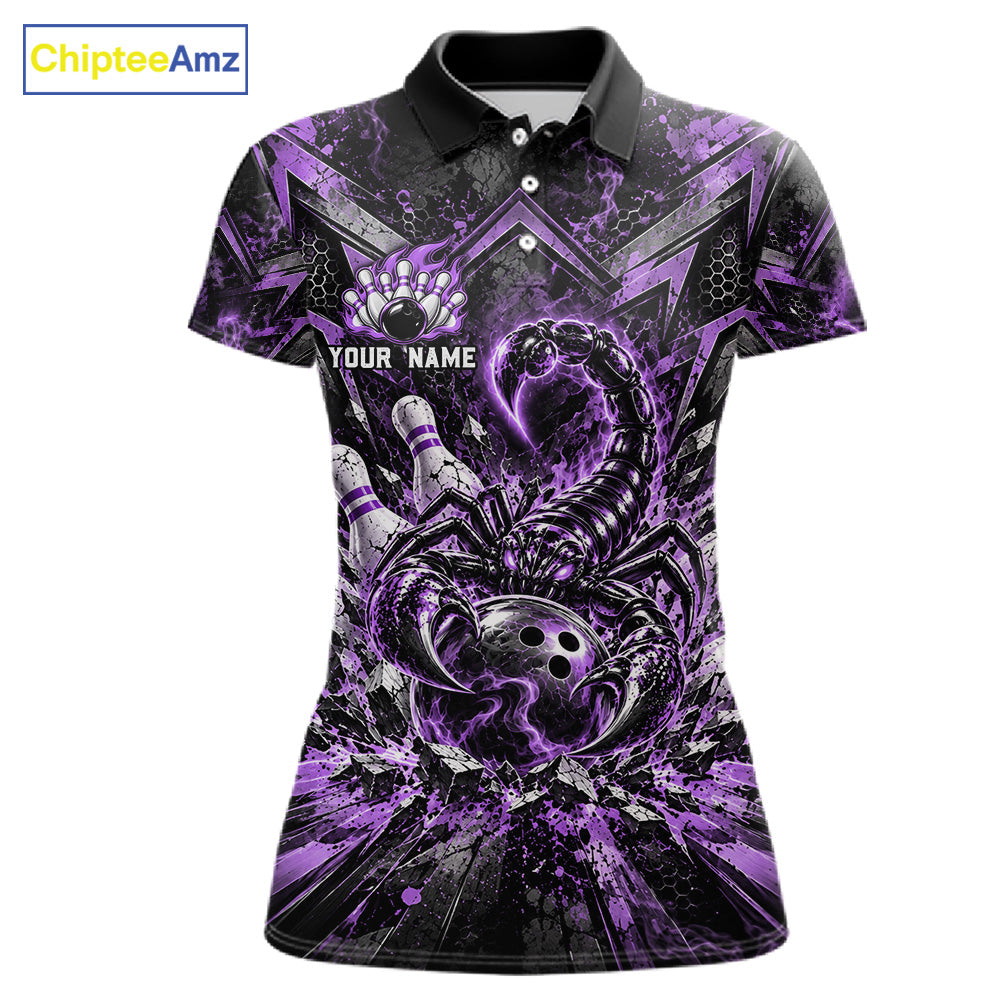 Purple Scorpion Bowling Ball Pins Polo Shirt For Women Custom Neon Team Tournament Jersey NHT1676