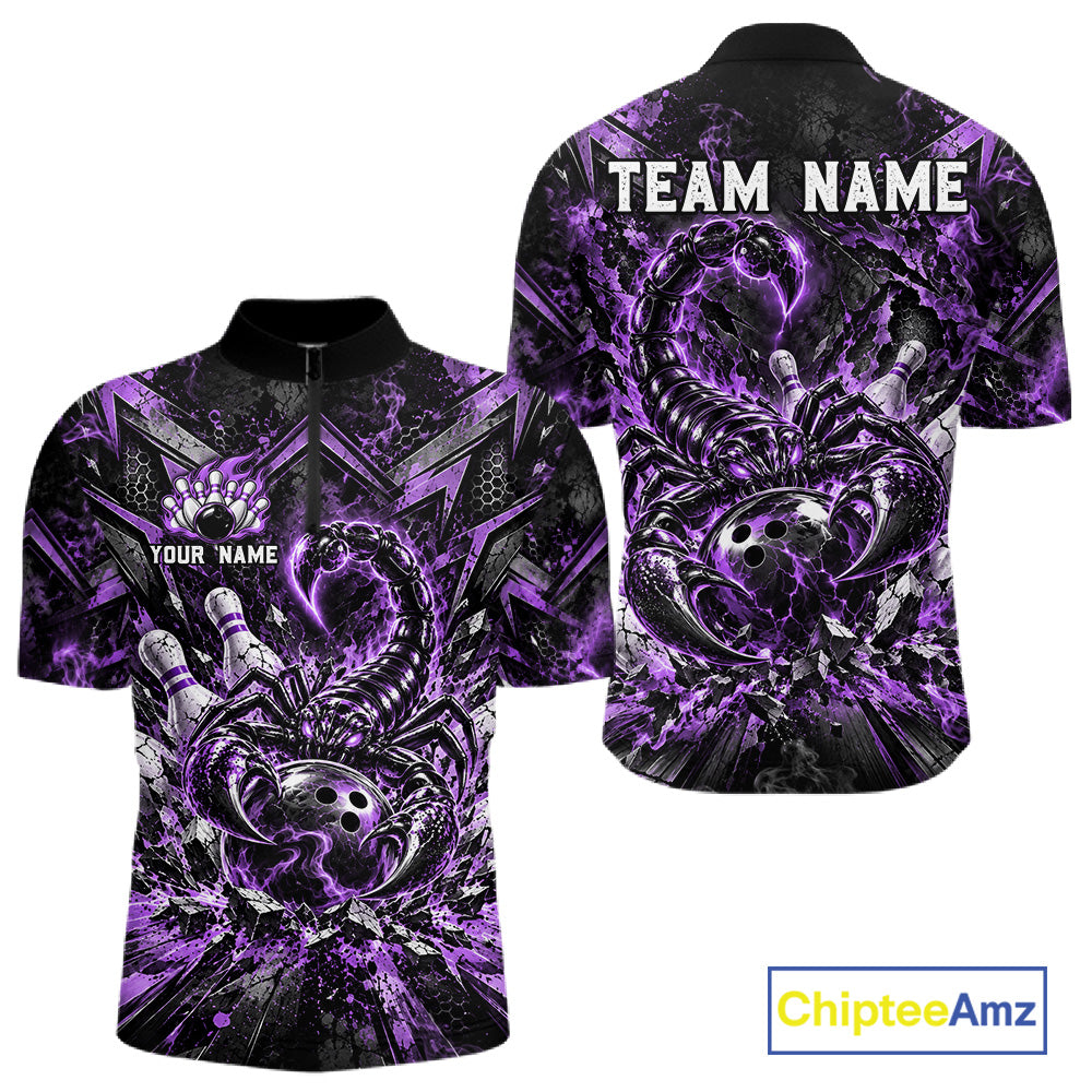 Purple Scorpion Bowling Ball Pins Polo Shirt For Men Custom Neon Team Tournament Jersey NHT1676