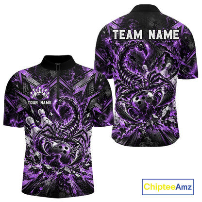 Purple Scorpion Bowling Ball Pins Polo Shirt For Men Custom Neon Team Tournament Jersey NHT1676
