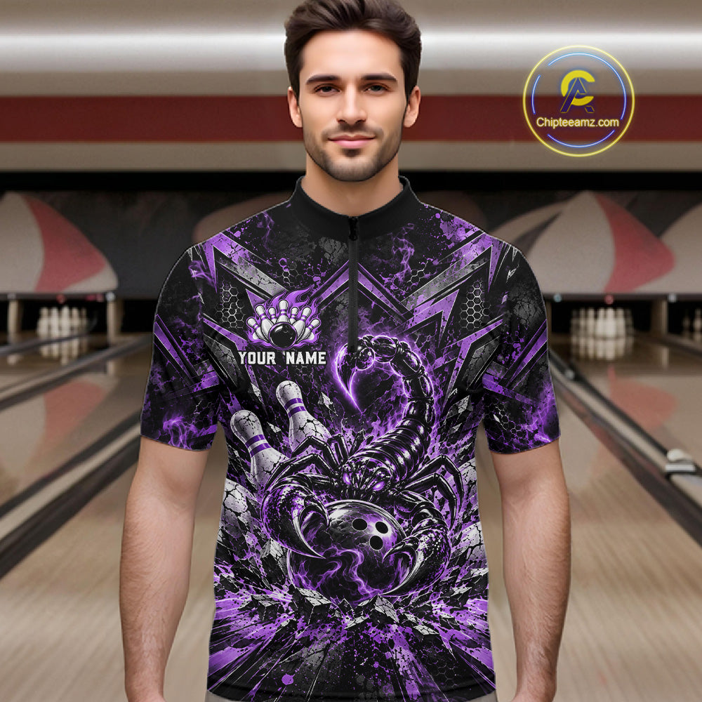 Purple Scorpion Bowling Ball Pins Polo Shirt For Men Custom Neon Team Tournament Jersey NHT1676
