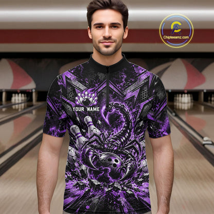 Purple Scorpion Bowling Ball Pins Polo Shirt For Men Custom Neon Team Tournament Jersey NHT1676