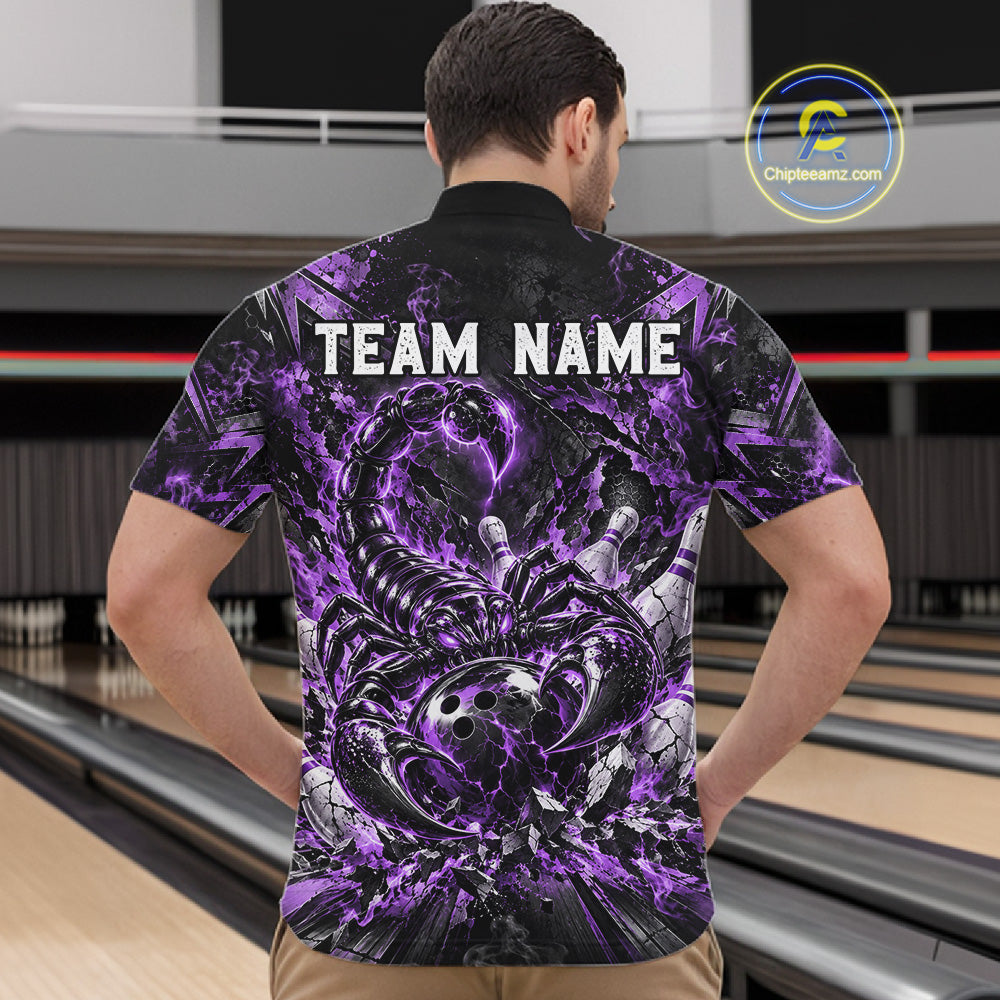 Purple Scorpion Bowling Ball Pins Polo Shirt For Men Custom Neon Team Tournament Jersey NHT1676