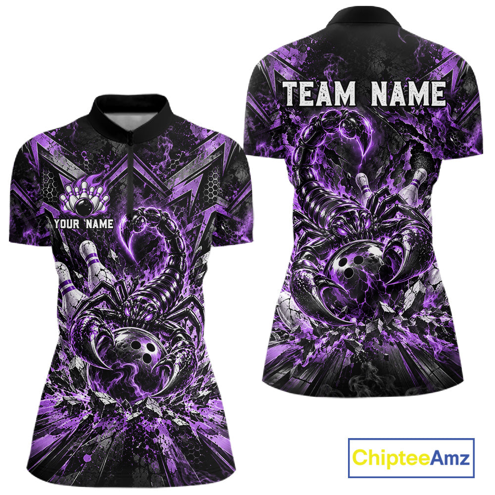 Purple Scorpion Bowling Ball Pins Polo Shirt For Women Custom Neon Team Tournament Jersey NHT1676
