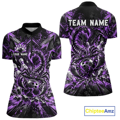 Purple Scorpion Bowling Ball Pins Polo Shirt For Women Custom Neon Team Tournament Jersey NHT1676