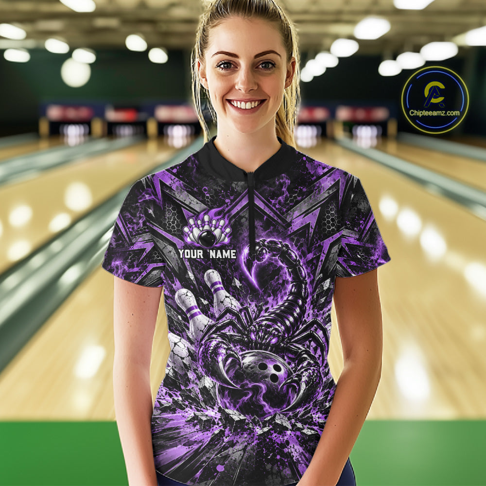 Purple Scorpion Bowling Ball Pins Polo Shirt For Women Custom Neon Team Tournament Jersey NHT1676