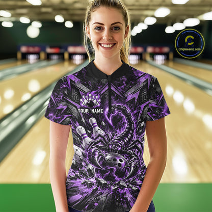 Purple Scorpion Bowling Ball Pins Polo Shirt For Women Custom Neon Team Tournament Jersey NHT1676