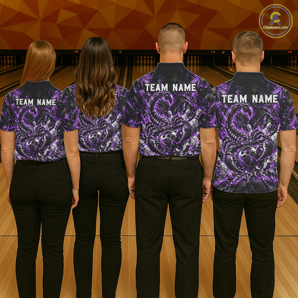 Purple Scorpion Bowling Ball Pins Polo Shirt For Men Custom Neon Team Tournament Jersey NHT1676