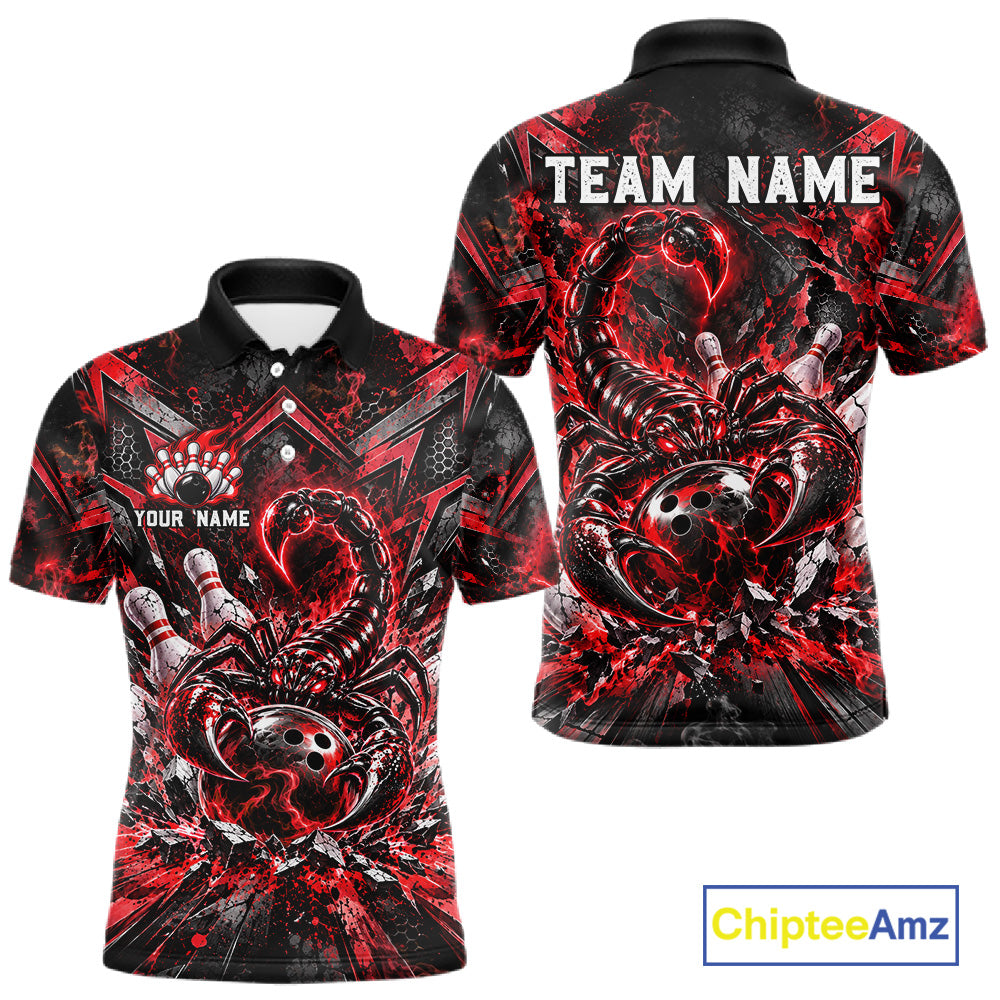 Red Scorpion Bowling Ball Pins Polo Shirt For Men Custom Neon Team Tournament Jersey NHT1677