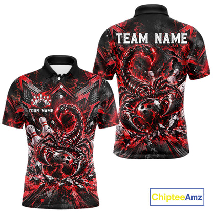 Red Scorpion Bowling Ball Pins Polo Shirt For Men Custom Neon Team Tournament Jersey NHT1677