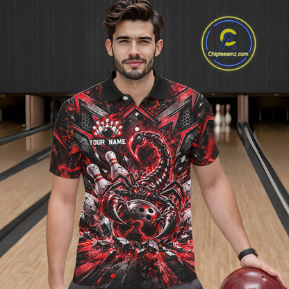 Red Scorpion Bowling Ball Pins Polo Shirt For Men Custom Neon Team Tournament Jersey NHT1677