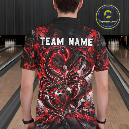 Red Scorpion Bowling Ball Pins Polo Shirt For Men Custom Neon Team Tournament Jersey NHT1677