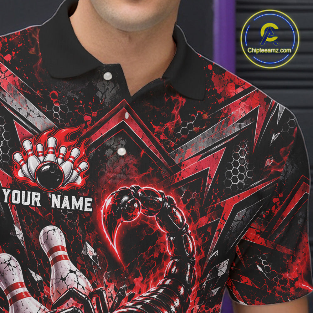 Red Scorpion Bowling Ball Pins Polo Shirt For Men Custom Neon Team Tournament Jersey NHT1677