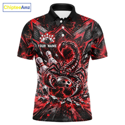 Red Scorpion Bowling Ball Pins Polo Shirt For Men Custom Neon Team Tournament Jersey NHT1677