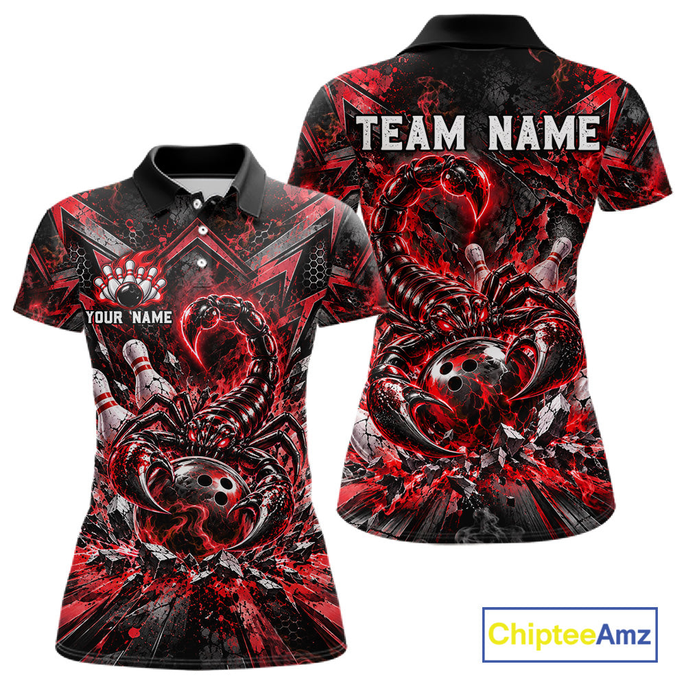 Red Scorpion Bowling Ball Pins Polo Shirt For Women Custom Neon Team Tournament Jersey NHT1677