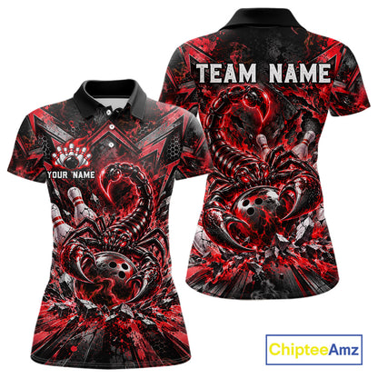Red Scorpion Bowling Ball Pins Polo Shirt For Women Custom Neon Team Tournament Jersey NHT1677