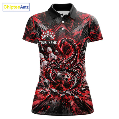 Red Scorpion Bowling Ball Pins Polo Shirt For Women Custom Neon Team Tournament Jersey NHT1677