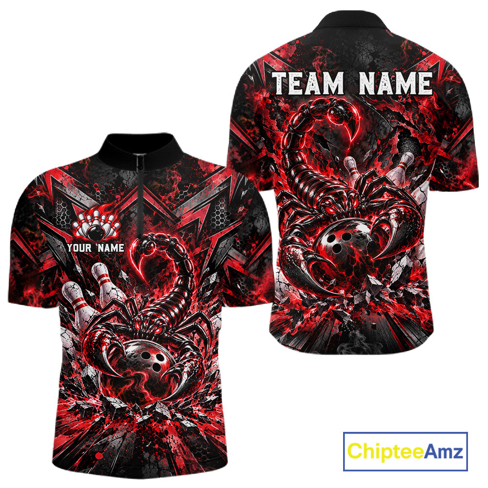 Red Scorpion Bowling Ball Pins Polo Shirt For Men Custom Neon Team Tournament Jersey NHT1677