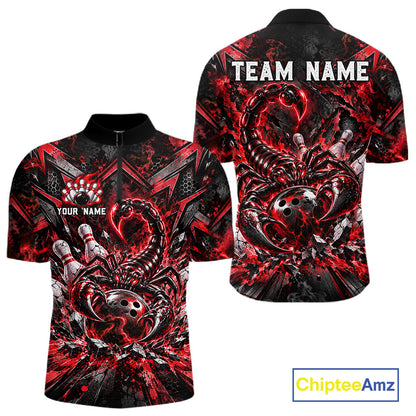 Red Scorpion Bowling Ball Pins Polo Shirt For Men Custom Neon Team Tournament Jersey NHT1677
