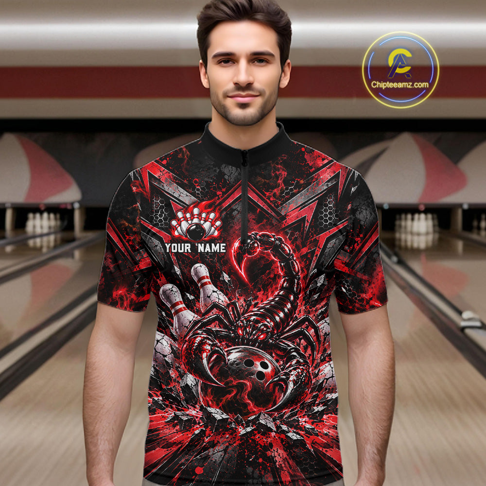 Red Scorpion Bowling Ball Pins Polo Shirt For Men Custom Neon Team Tournament Jersey NHT1677