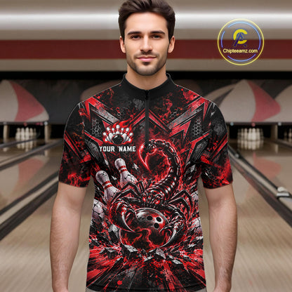 Red Scorpion Bowling Ball Pins Polo Shirt For Men Custom Neon Team Tournament Jersey NHT1677