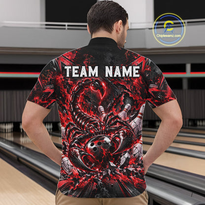 Red Scorpion Bowling Ball Pins Polo Shirt For Men Custom Neon Team Tournament Jersey NHT1677