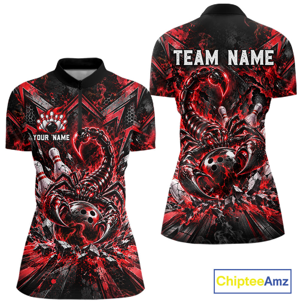 Red Scorpion Bowling Ball Pins Polo Shirt For Women Custom Neon Team Tournament Jersey NHT1677