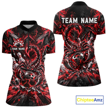 Red Scorpion Bowling Ball Pins Polo Shirt For Women Custom Neon Team Tournament Jersey NHT1677