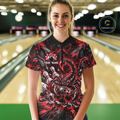 Red Scorpion Bowling Ball Pins Polo Shirt For Women Custom Neon Team Tournament Jersey NHT1677