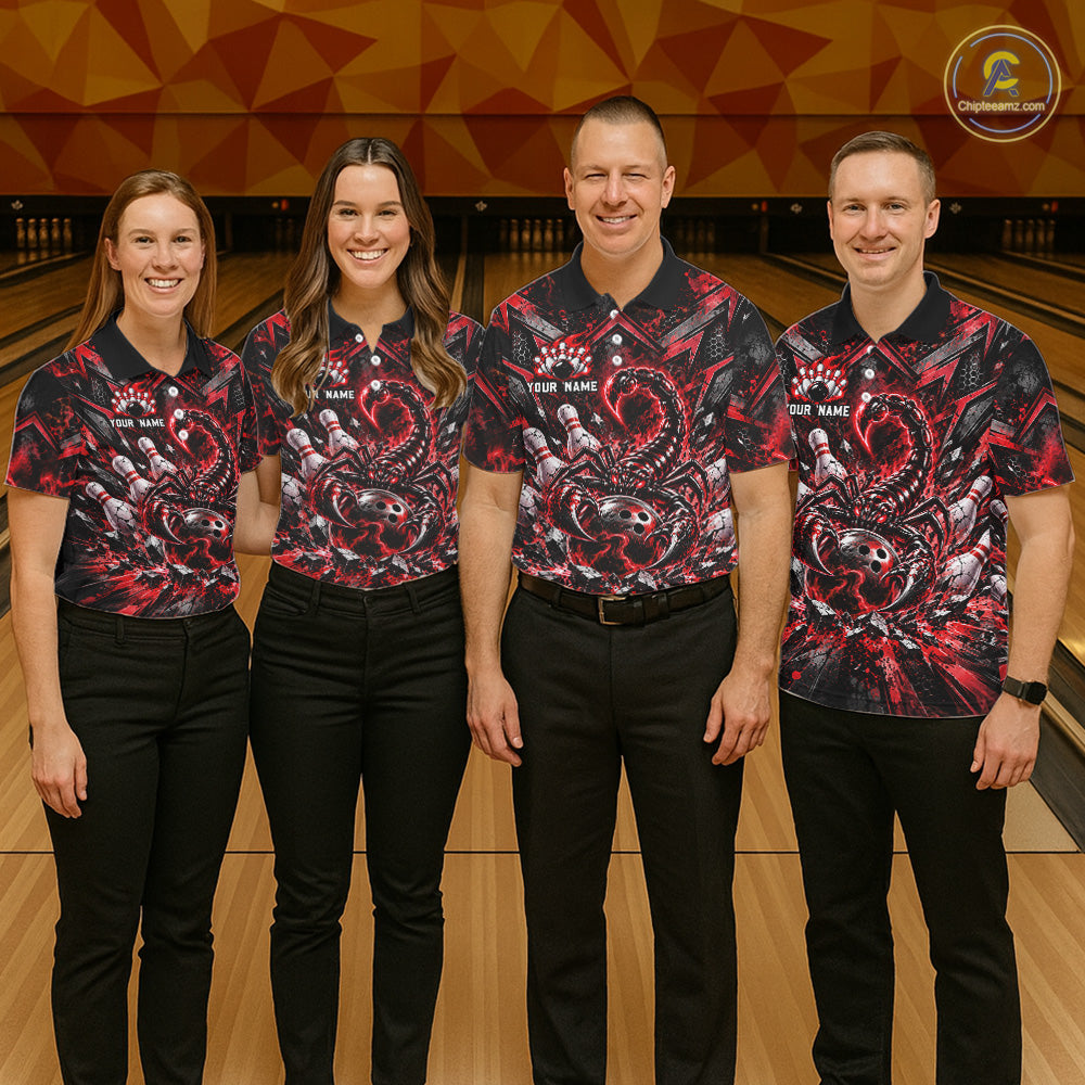 Red Scorpion Bowling Ball Pins Polo Shirt For Women Custom Neon Team Tournament Jersey NHT1677