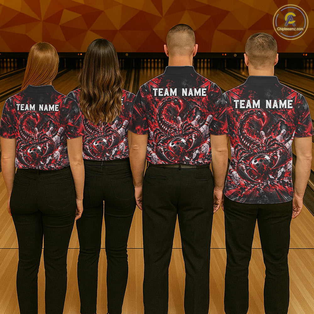 Red Scorpion Bowling Ball Pins Polo Shirt For Women Custom Neon Team Tournament Jersey NHT1677
