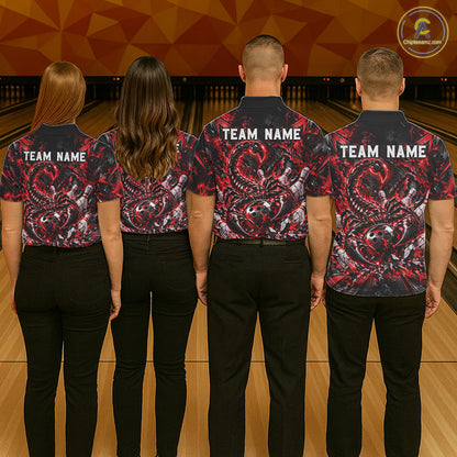 Red Scorpion Bowling Ball Pins Polo Shirt For Women Custom Neon Team Tournament Jersey NHT1677