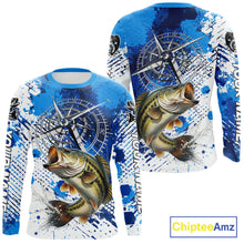 Load image into Gallery viewer, Blue Camo Custom Largemouth Bass Compass Long Sleeve Tournament Fishing Shirts NHT527