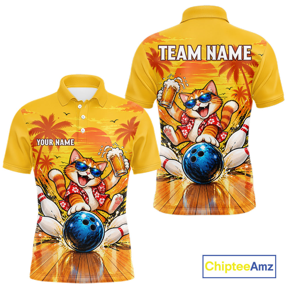 Yellow Tropical Cat Bowling Player Polo Shirt Custom Beer Drinking Sports Club Match Jersey NHT1682