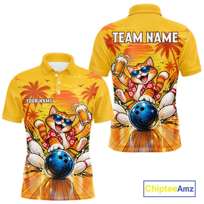 Yellow Tropical Cat Bowling Player Polo Shirt Custom Beer Drinking Sports Club Match Jersey NHT1682