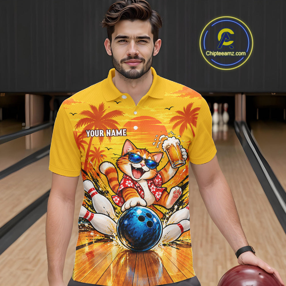 Yellow Tropical Cat Bowling Player Polo Shirt Custom Beer Drinking Sports Club Match Jersey NHT1682