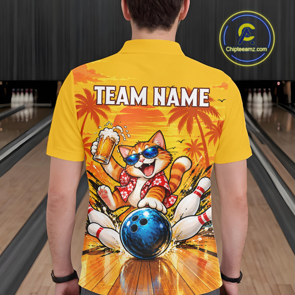 Yellow Tropical Cat Bowling Player Polo Shirt Custom Beer Drinking Sports Club Match Jersey NHT1682