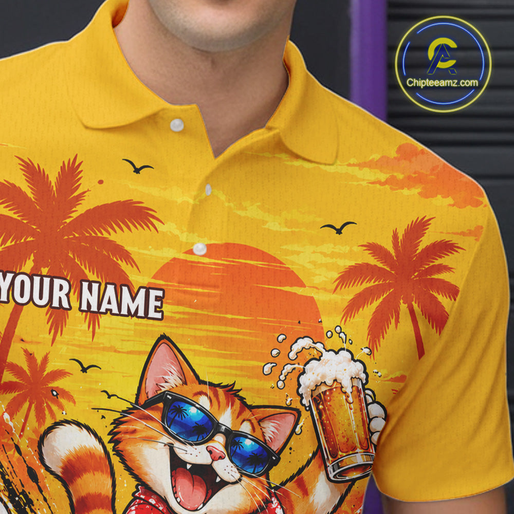 Yellow Tropical Cat Bowling Player Polo Shirt Custom Beer Drinking Sports Club Match Jersey NHT1682
