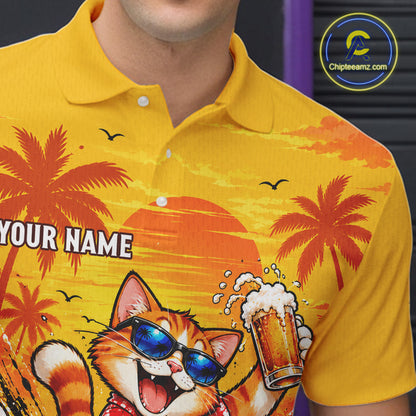 Yellow Tropical Cat Bowling Player Polo Shirt Custom Beer Drinking Sports Club Match Jersey NHT1682