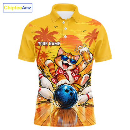 Yellow Tropical Cat Bowling Player Polo Shirt Custom Beer Drinking Sports Club Match Jersey NHT1682