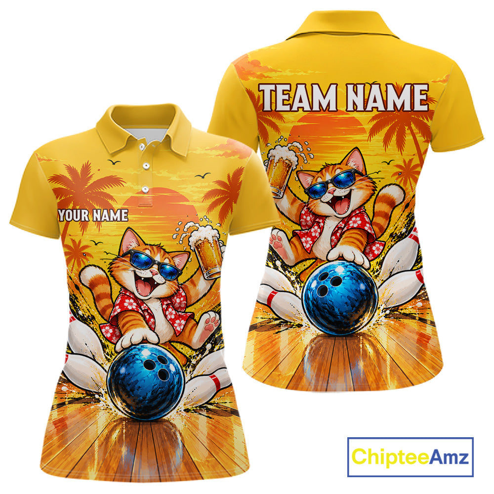 Yellow Tropical Cat Bowling Player Polo Shirt Custom Beer Drinking Sports Club Match Jersey NHT1682