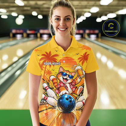 Yellow Tropical Cat Bowling Player Polo Shirt Custom Beer Drinking Sports Club Match Jersey NHT1682