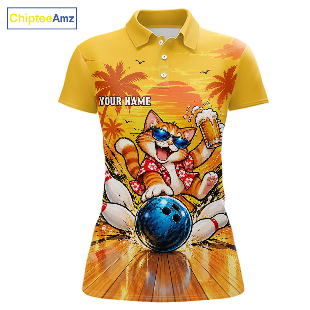 Yellow Tropical Cat Bowling Player Polo Shirt Custom Beer Drinking Sports Club Match Jersey NHT1682