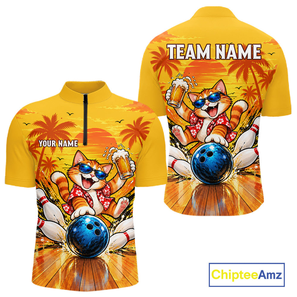 Yellow Tropical Cat Bowling Player Polo Shirt Custom Beer Drinking Sports Club Match Jersey NHT1682
